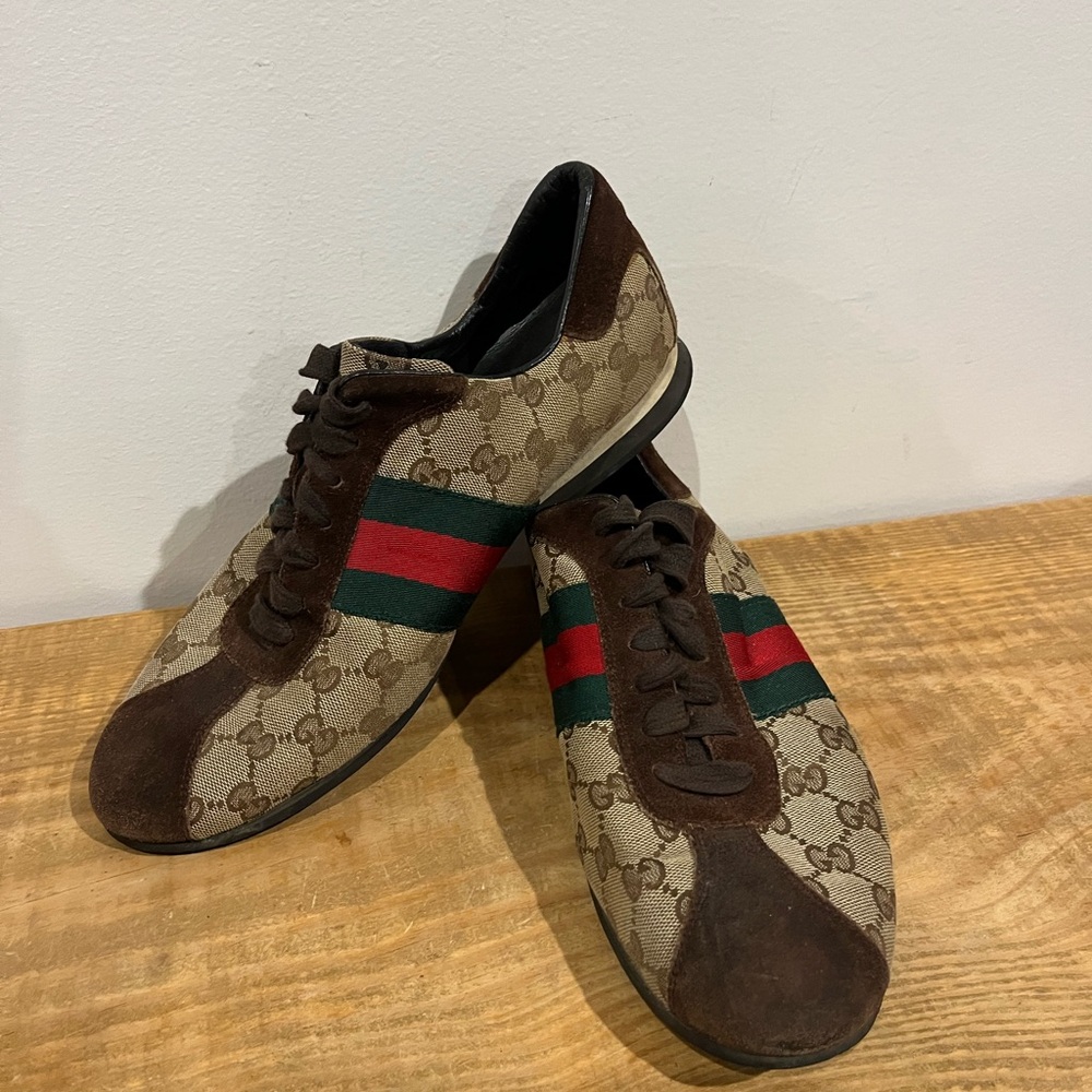 Gucci authentic VTG GG monogram canvas and brown suede sneakers mens size 8 EUC - Picture 2 of 10